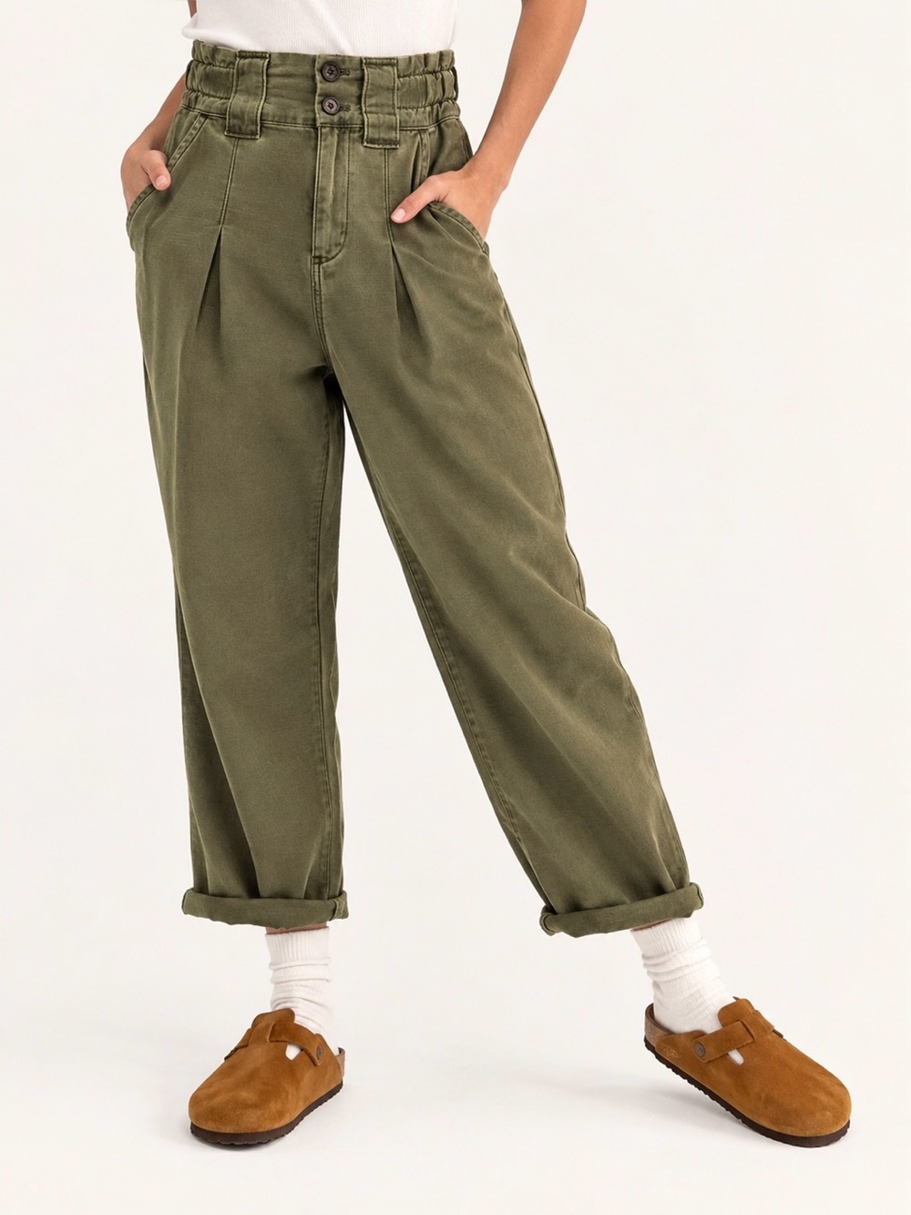 Free People One Way Paperbag Pants Olive High Rise Wide Leg Boho Pleated Size 2